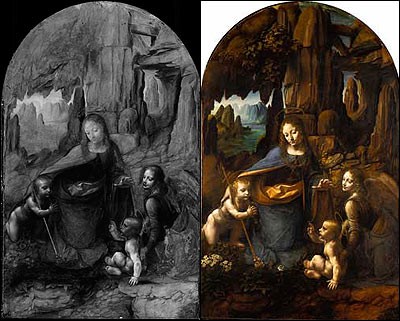 FOTOGRAFIA A RAGGI INFRAROSSI La Vergine delle rocce, Leonardo Da Vinci. L'immagine dell'IRR mostrava due diversi sottotitoli sotto il dipinto reale.